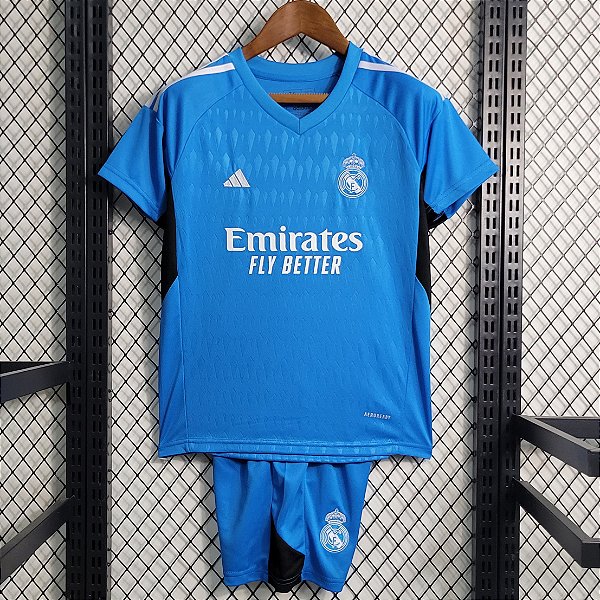 Novo Kit Infantil Real Madrid Goleiro Azul Camisa e Short 2023 / 2024
