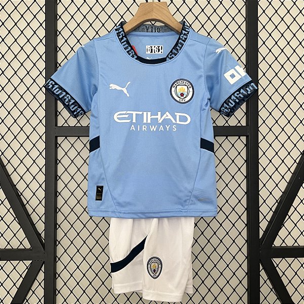 Novo Kit Infantil Manchester City 1 Azul Camisa e Short  2024 / 2025