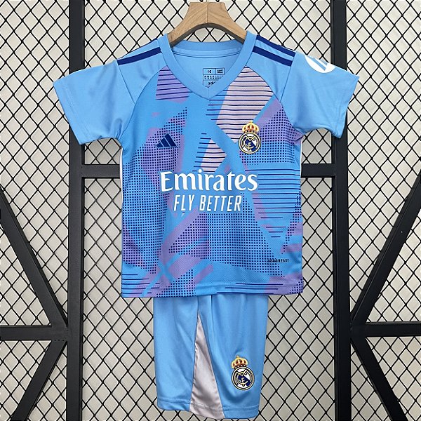 Novo Kit Infantil Real Madrid Goleiro Azul Camisa e Short  2024 / 2025