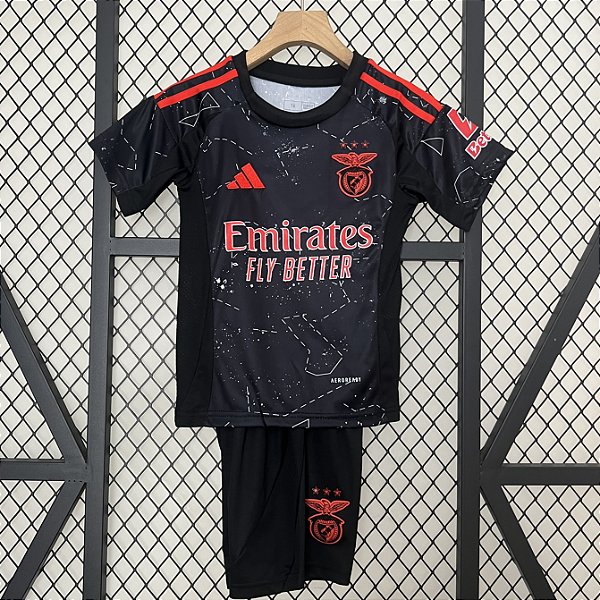 Novo Kit Infantil Benfica 2 Preto Camisa e Short 2024 / 2025
