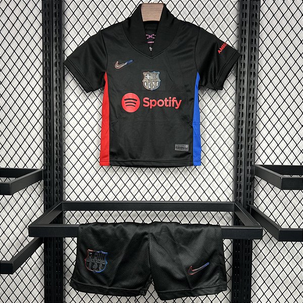Novo Kit Infantil Barcelona 2 Preto Camisa e Short 2024 / 2025