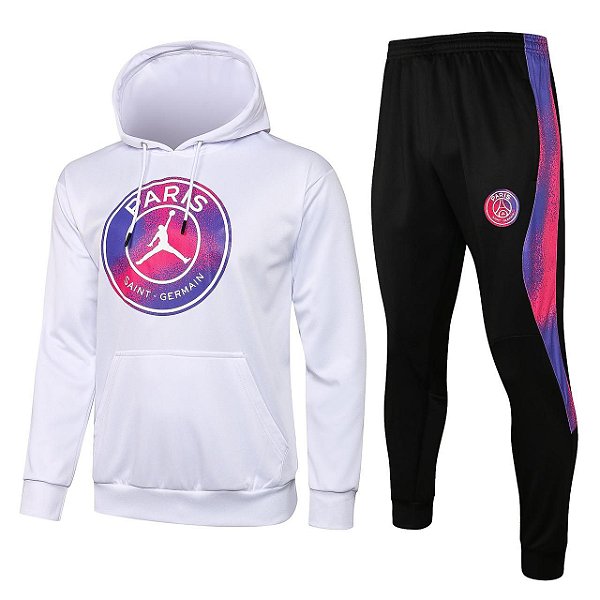 Conjunto PSG Jordan Branco Logo com Capuz Viagem Unissex