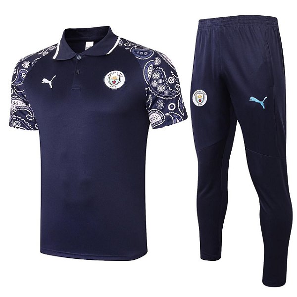 Conjunto Manchester City Viagem Camisa Azul Marinho Polo e Calça 3 2021