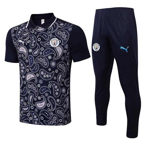 Conjunto Manchester City Viagem Camisa Polo e Calça Azul Marfim 2021