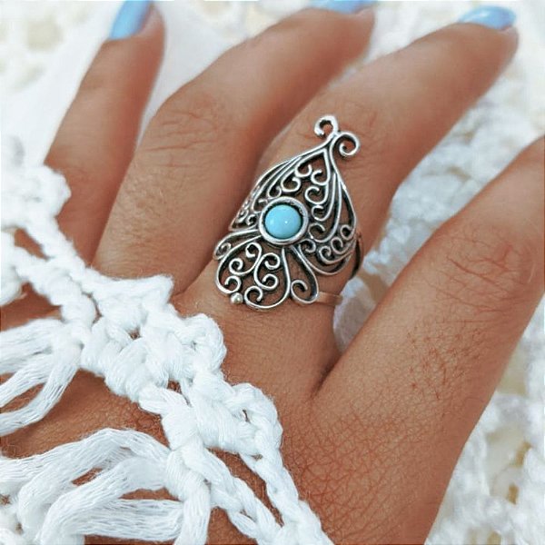 Anel de Prata Bali Flor Grande Turquesa