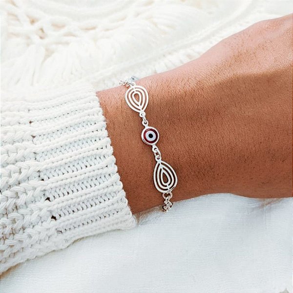 Pulseira de Prata Olho Grego Vermelho Aro em Gota