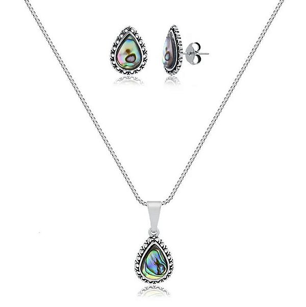 Conjunto de Prata com Pedra Natural Abalone