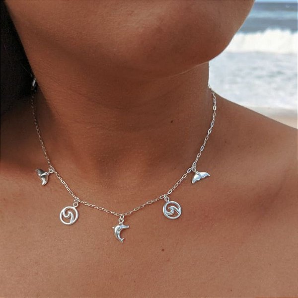 Choker de Prata Cauda de Sereia Onda Golfinho
