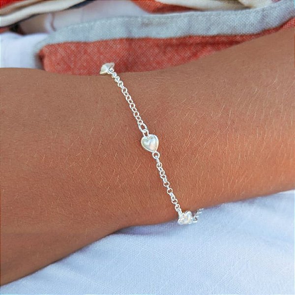 Pulseira de Prata Corações de Pérola