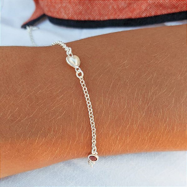 Pulseira de Prata Elo Português Coração com Pedras
