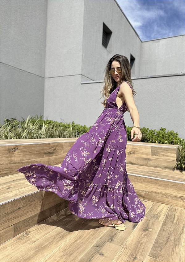 Vestido evasê fluido estampado lilás Lavanda - Oliva