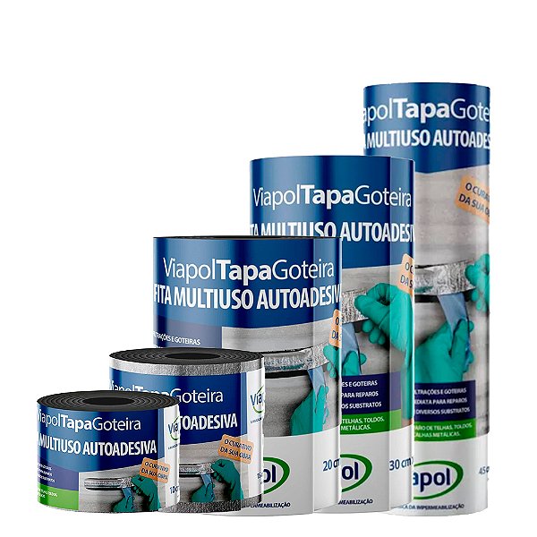 Manta Fita Asfáltica Viapol Aluminizada Autoadesiva Tapa Goteira – 10cm a 45cm x 10 m (Várias Larguras)