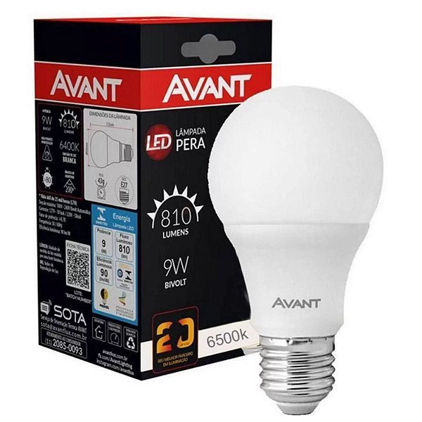 Lâmpada Led Bulbo 9w E27 Bivolt 6500K Branco Frio Alta Potência Avant
