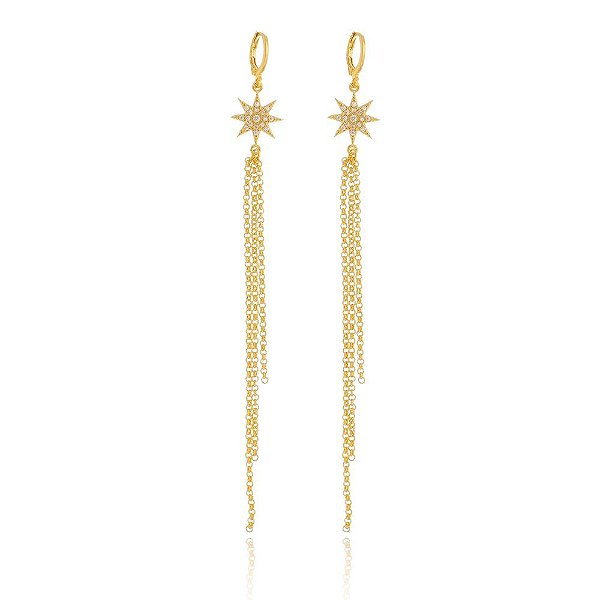 Brinco estrela meteoro cravejado com zircônia folheado a ouro 18k