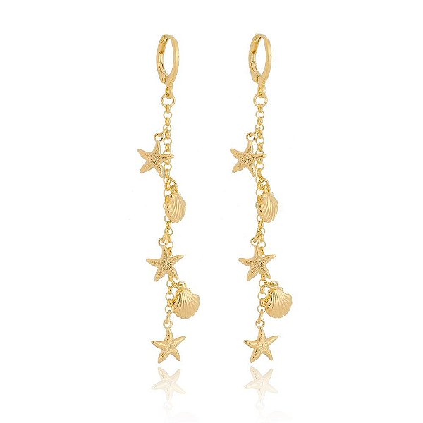 Brinco mini conchas e estrela do mar folheado a ouro 18k