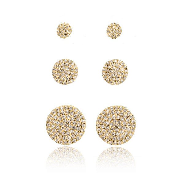 Kit de brincos em formato redondo cravejado de zircônia folheado a ouro 18k