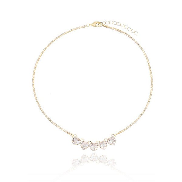 Choker com 5 corações de zircônia folheada a ouro 18k