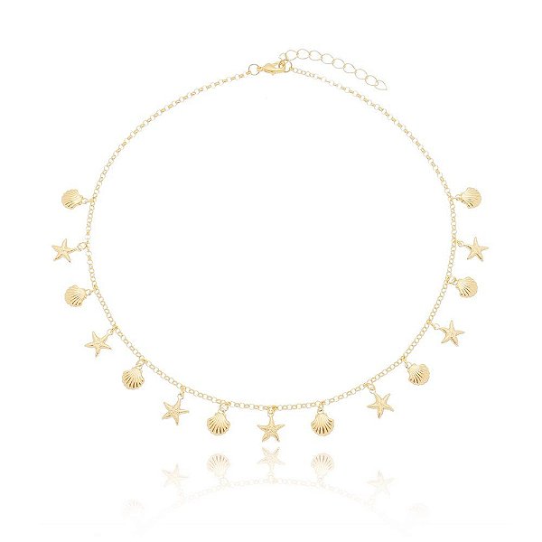 Choker mini conchas e estrela do mar folheada a ouro 18k