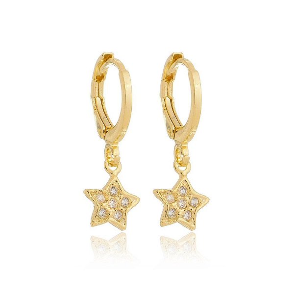 Brinco argolinha de estrela com zircônia folheado a ouro 18k