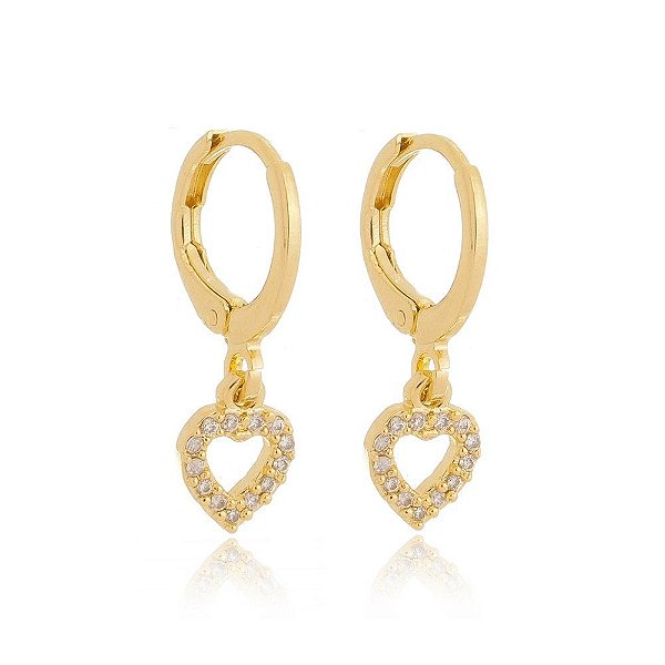 Brinco argolinha de coração com zircônia folheado a ouro 18k