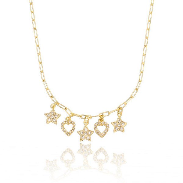 Choker estrelas e corações com zircônias folheada a ouro 18k