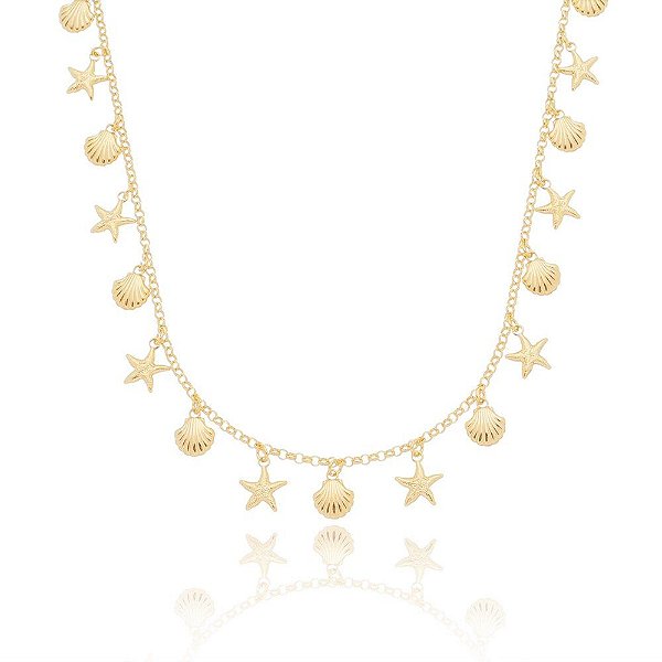Colar conchas e estrela do mar folheado a ouro 18k