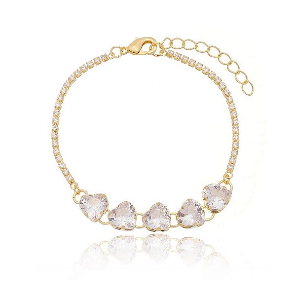 Pulseira de zircônia com 5 Corações folheada a ouro 18k