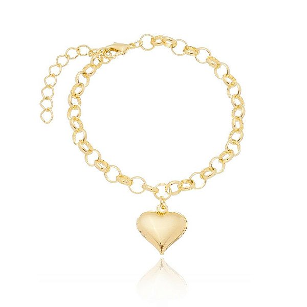 Pulseira elos com pingente de coração folheada a ouro 18k