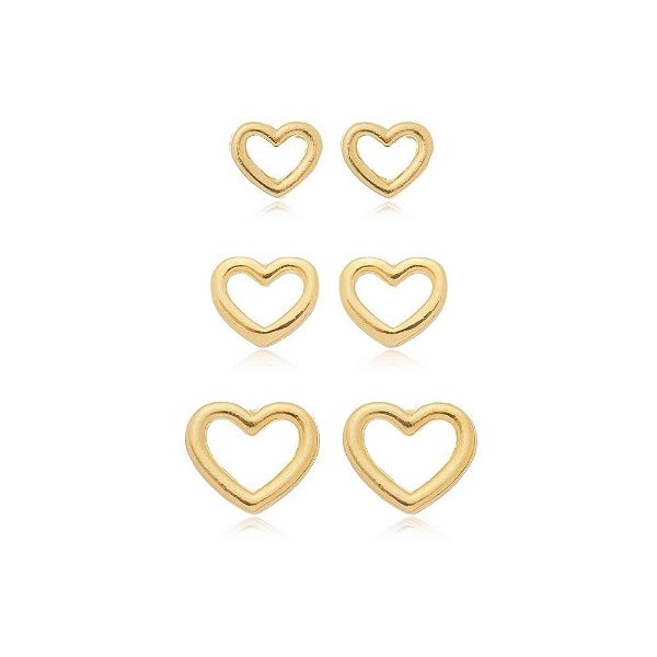 Kit de brincos coração vazado folheado a ouro 18k