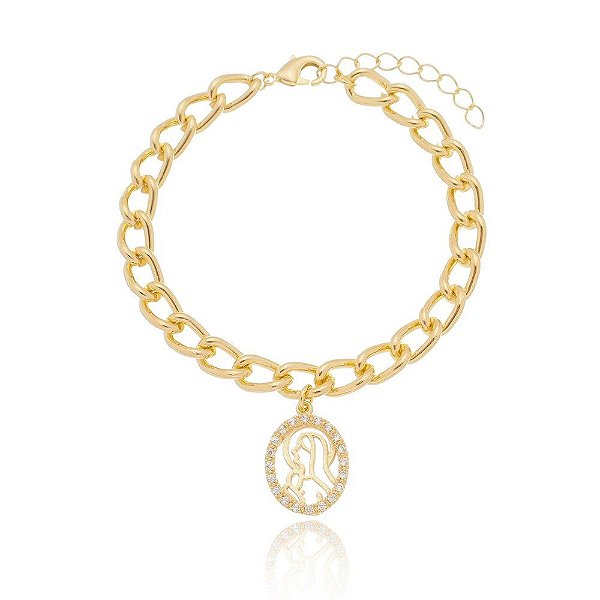 Pulseira religiosa com pingente maria de zircônia folheada a ouro 18k