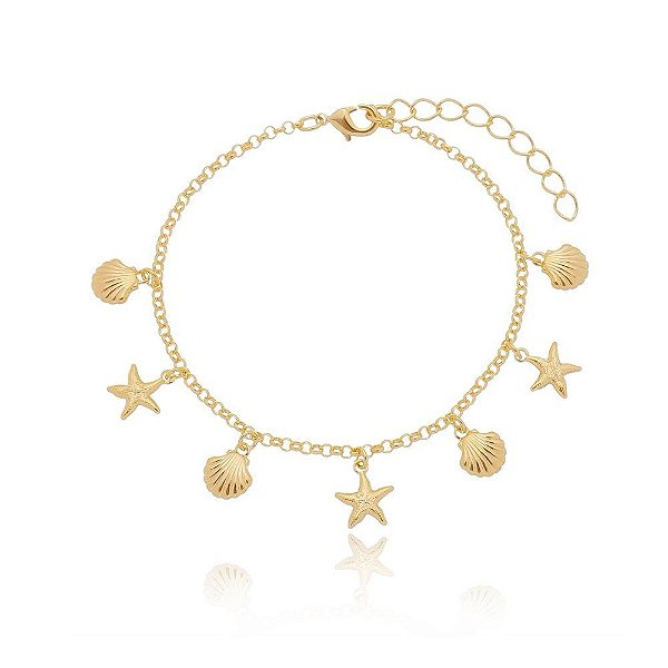 Pulseira mini conchas e estrela do mar folheada a ouro 18k
