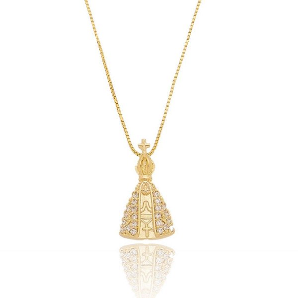 Colar nossa senhora cravejada com zircônias folheado a ouro 18k