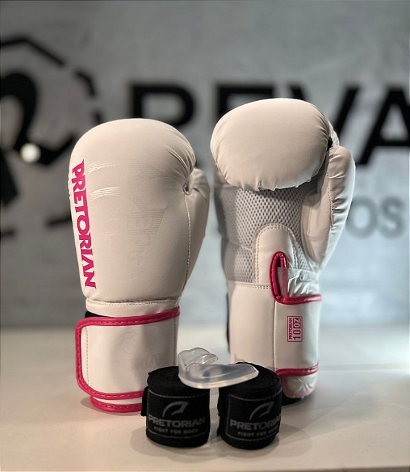 CONJUNTO LUVA BOXE/MUAY THAI FIRST FX2 FEM BRANCO/ ROSA PRETORIAN 12OZ