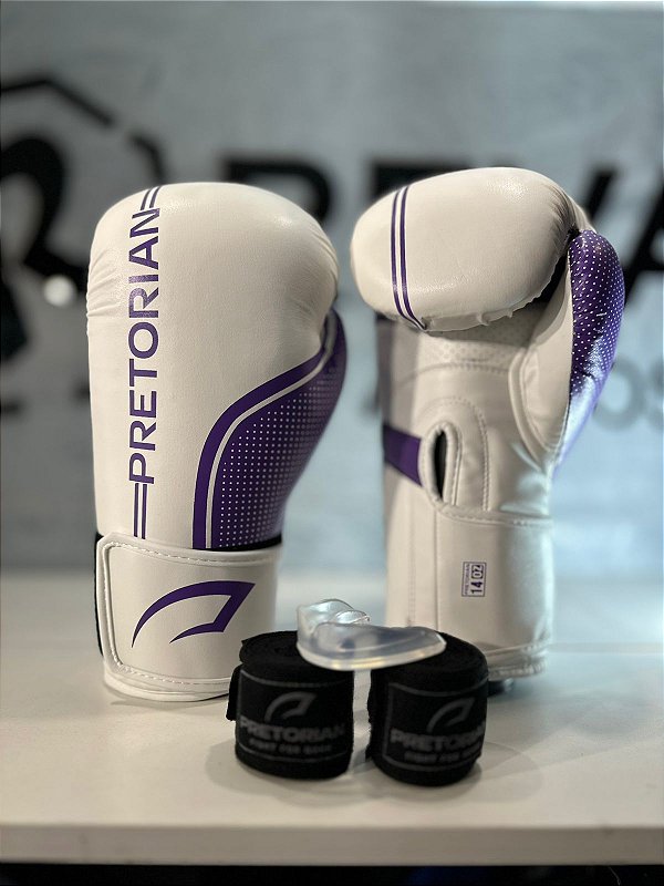 CONJUNTO LUVA BOXE/MUAY THAI FIRST FX2 FEM BRANCO/ ROXO PRETORIAN 10OZ