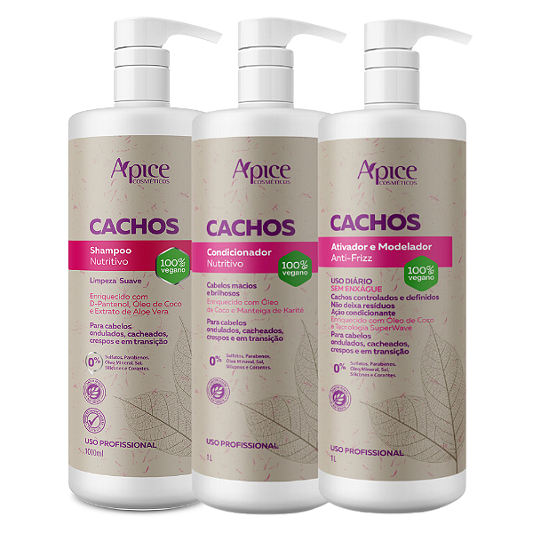 Trio Pro Cachos Shampoo, Condicionador e Ativador 1L - Apice | Cachos Definidos e Hidratados