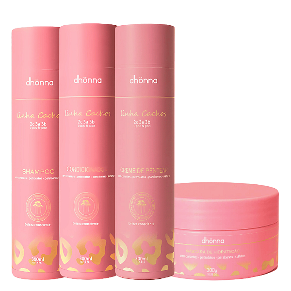 Kit Cachos Shampoo, Condicionador, Creme de Pentear e Máscara - Dhonna | Ideal para Cachos Definidos e Hidratados