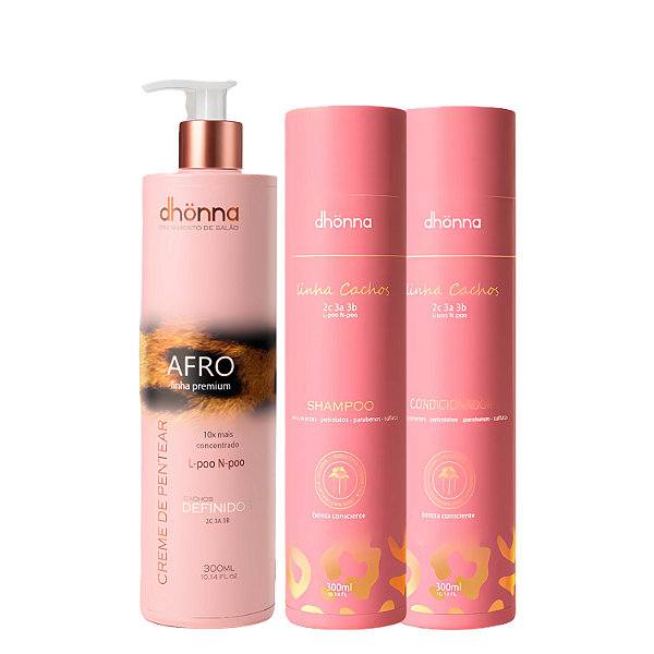 Trio Cachos Shampoo, Condicionador e Creme de Pentear 3abc Afro 300mL - Dhonna | Limpeza, Hidratação e Definição Premium