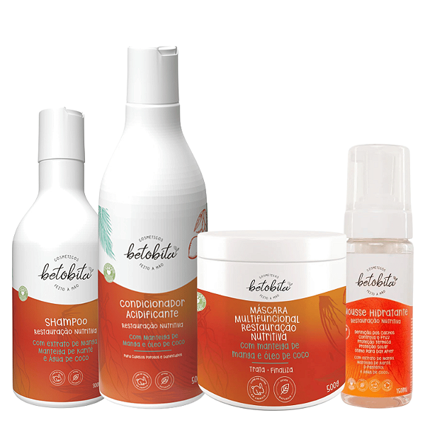 Kit Restauração Nutritiva Shampoo, Máscara 500g, Condicionador e Mousse - BetoBita  | Hidratação e Reparação Completa
