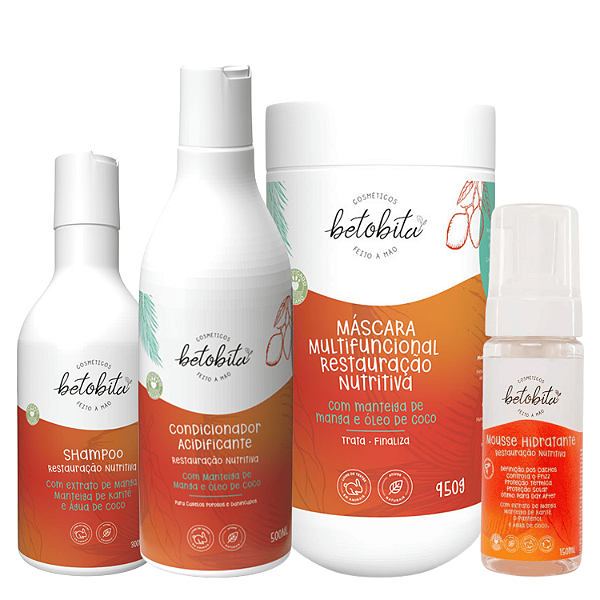 Kit Restauração Nutritiva Shampoo, Máscara 950g, Condicionador e Mousse - BetoBita  | Hidratação e Reparação Completa