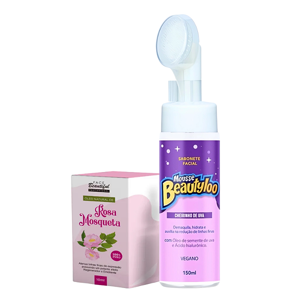 Kit Pele Radiante: Óleo de Rosa Mosqueta 10ml e Sabonete Facial Mousse Uva Beautyloo 150ml - Face Beautiful