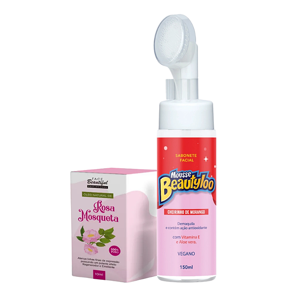 Kit Pele Radiante: Óleo de Rosa Mosqueta 10ml e Sabonete Facial Mousse Morango Beautyloo 150ml - Face Beautiful