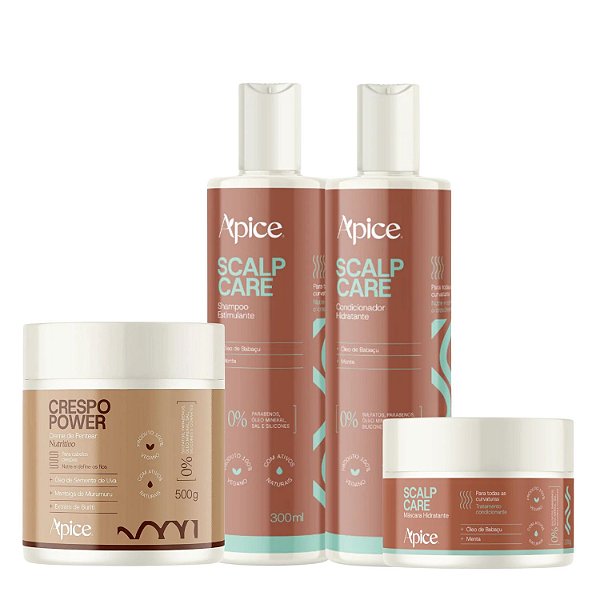 Kit Shampoo, Condicionador e Máscara Scalp Care + Creme Crespo Power - Apice | Crescimento Capilar e Definição Duradoura