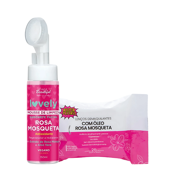 Duo Mousse de Limpeza e Lenço Demaquilante Rosa Mosqueta 100ml – Face Beautiful | Pele limpa, hidratada e radiante