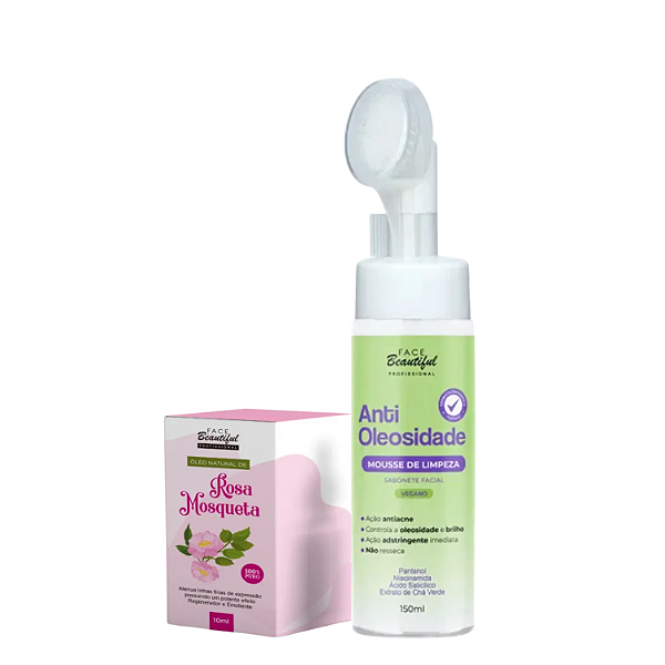 Kit Pele Radiante: Óleo de Rosa Mosqueta 10ml e Sabonete Facial Mousse Antioleosidade 150ml - Face Beautiful