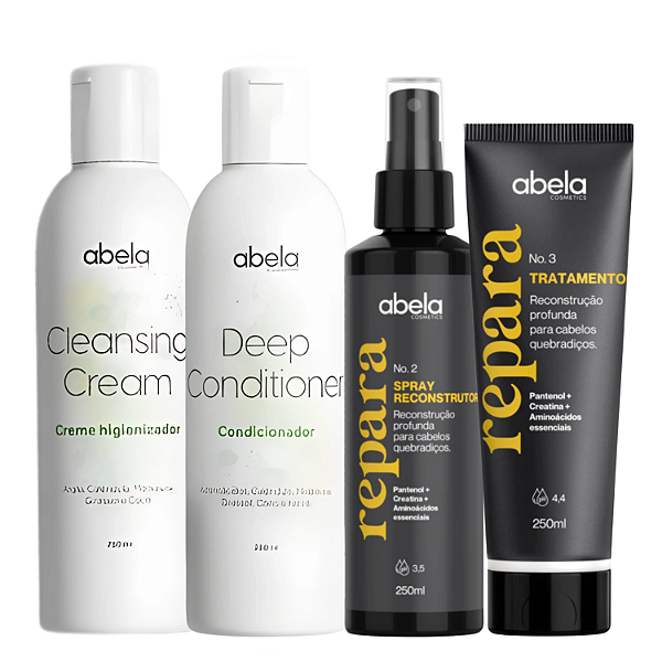 Kit Completo Reconstrução Capilar – Abela Cosmetics | Cleansing Cream, Deep Conditioner, Spray Repara, Máscara Repara