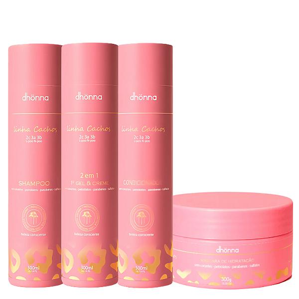 Kit Cachos Gel Creme, Shampoo, Condicionador e Máscara - Dhonna | Hidratação, definição e Brilho