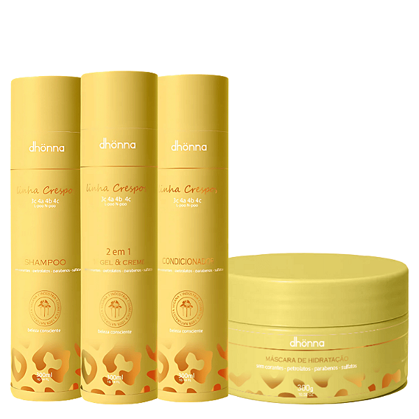 Kit Shampoo, Condicionador, Gel e Máscara Crespos Dhonna | Força, Brilho e Nutrição para Fios Crespos