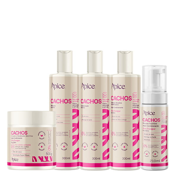 Kit Cachos Essence Shamp, Cond, Ativador, Gelatina, Mousse - Apice | Tratamento, Nutrição Intensa e Controle do Frizz