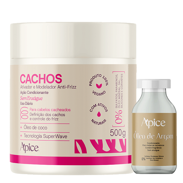 Kit Cachos Óleo de Argan + Ativador de Cachos Essence 500g – Apice | Nutrição, Brilho e Movimento