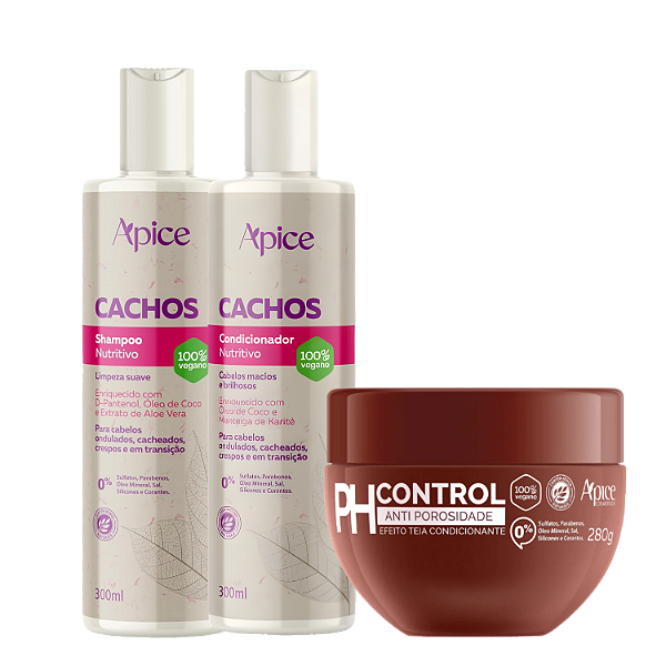 Kit Apice Shampoo e Condicionador Cachos + Máscara Acidificante PH Control - Tratamento Antiporosidade